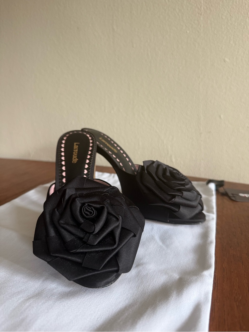 Larroude Black Satin Slide Heels with Rosette